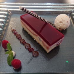 White chocolate & raspberry cheesecake, salted caramel ice cream